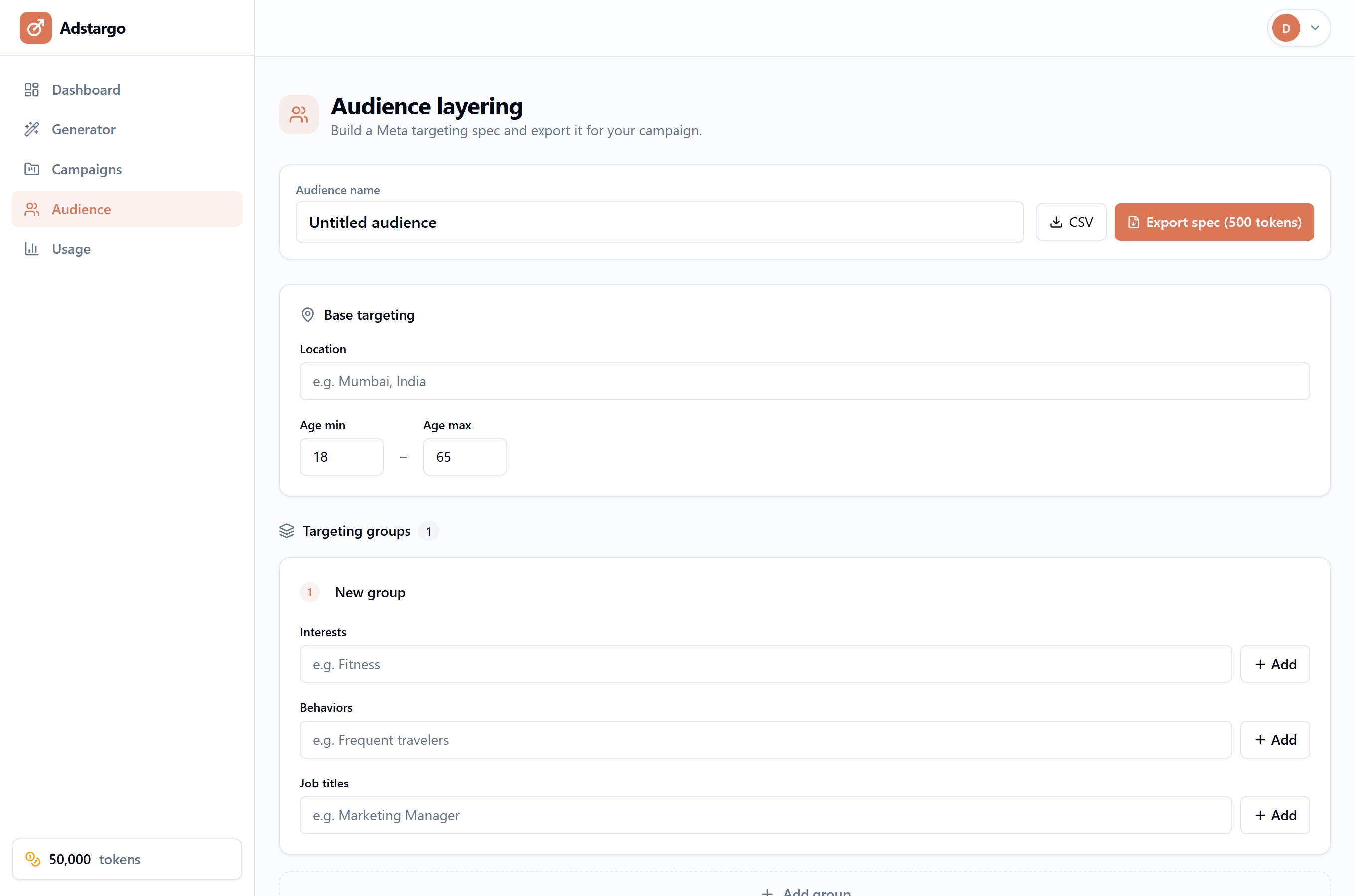 Adstargo audience layering tool for building a Meta targeting spec